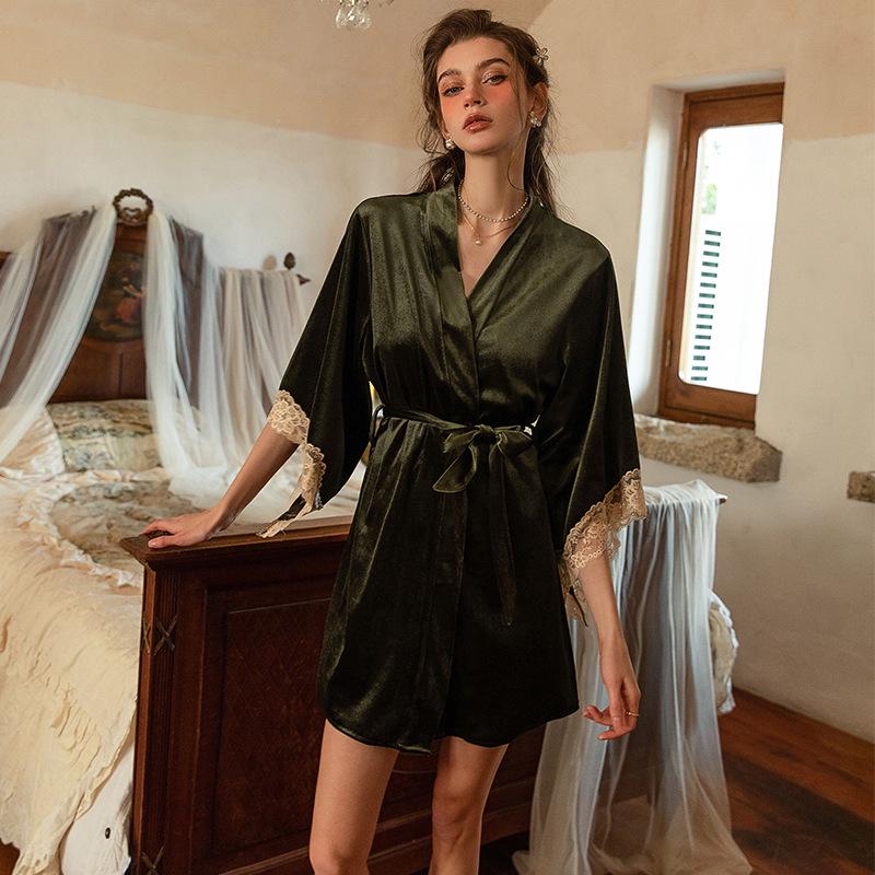 Velvet Lace Mesh Heart Pajama Set: Strappy Nightgown & Robe