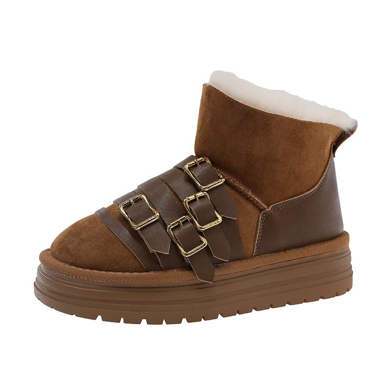 Belt Buckle Platform Snow Boots Winter New Round Toe Suede Plus Wool Warm Non-slip Wear-resistant Cotton Shoes
