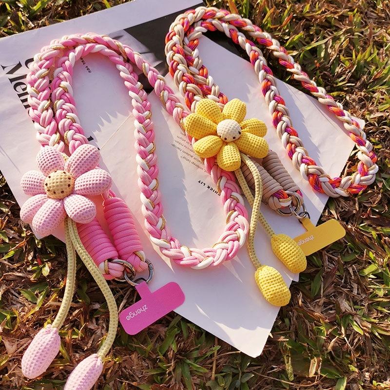 Mobile Phone Lanyard, Crossbody Can Be Carried, Female, Long, Ins Style, Flower Hand Woven Rope, Sturdy and Durable, Outdoor Anti Loss Rope