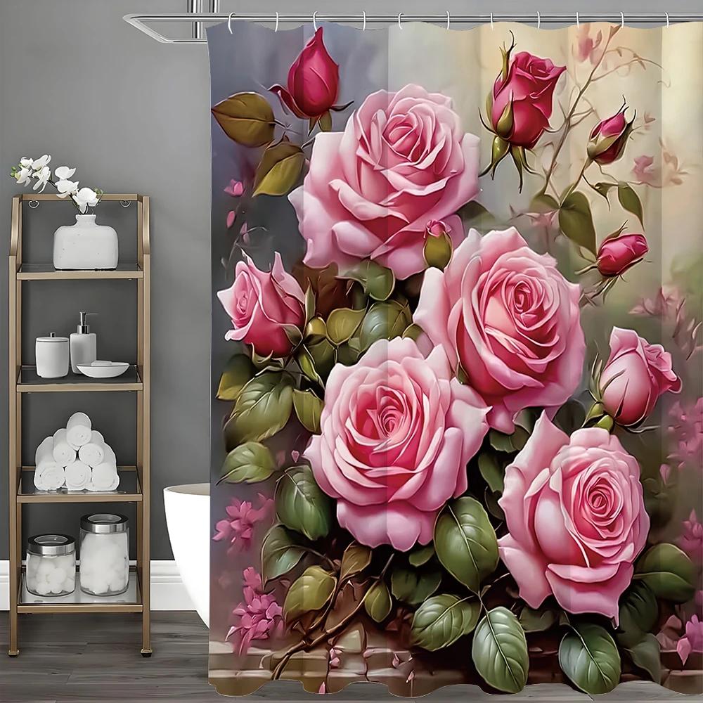 Rosebud Shower Curtain, Floral Plants, Spring Bathroom Decorative Shower Curtain, Waterproof Shower Curtain With Hooks