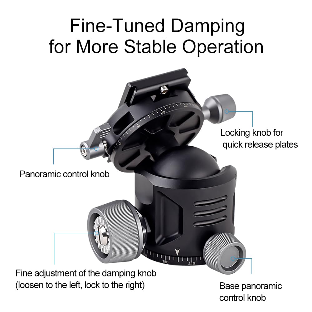 XILETU 44mm Ball Head for Low Center of Panoramic Aluminum Alloy QR Plate Maximum Load Capacity for and Cameras Tripods, Gravity, 360° View,