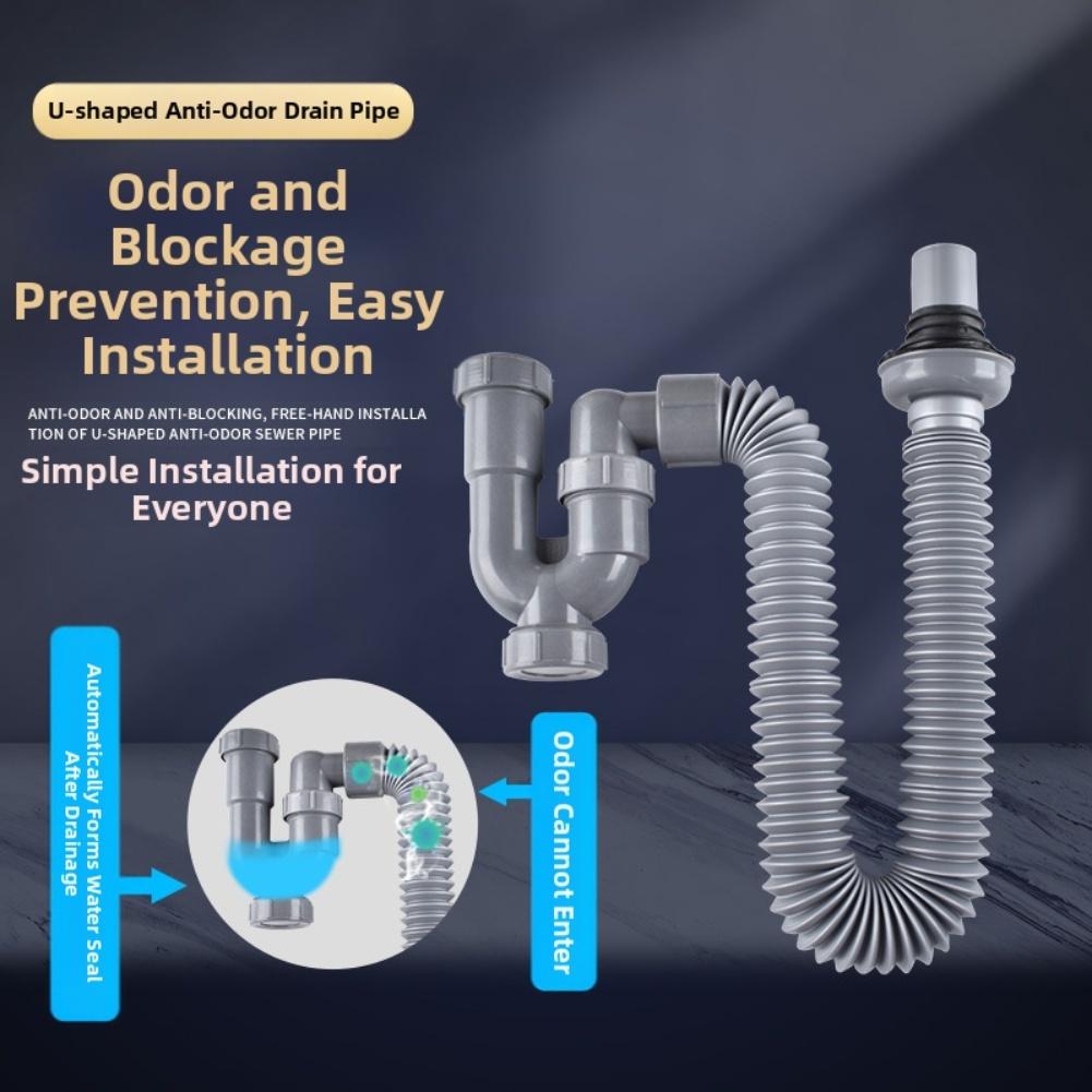 Flexible ABS U Shaped Drainage Pipe with Retractable S Design for Bathroom Sink Featuring Cleaning Port for Barrier