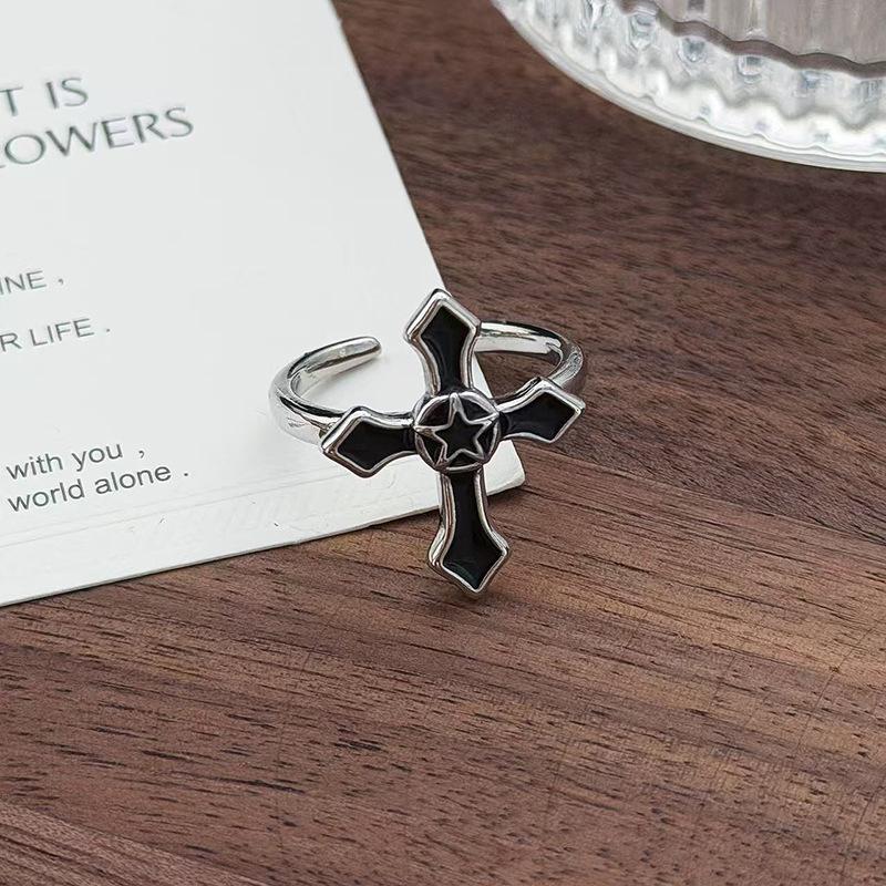 Punk Spice Girl Red Cross Zircon Fashion Opening Ring Kusa Enamel Neutral Style Personality Simple Ring