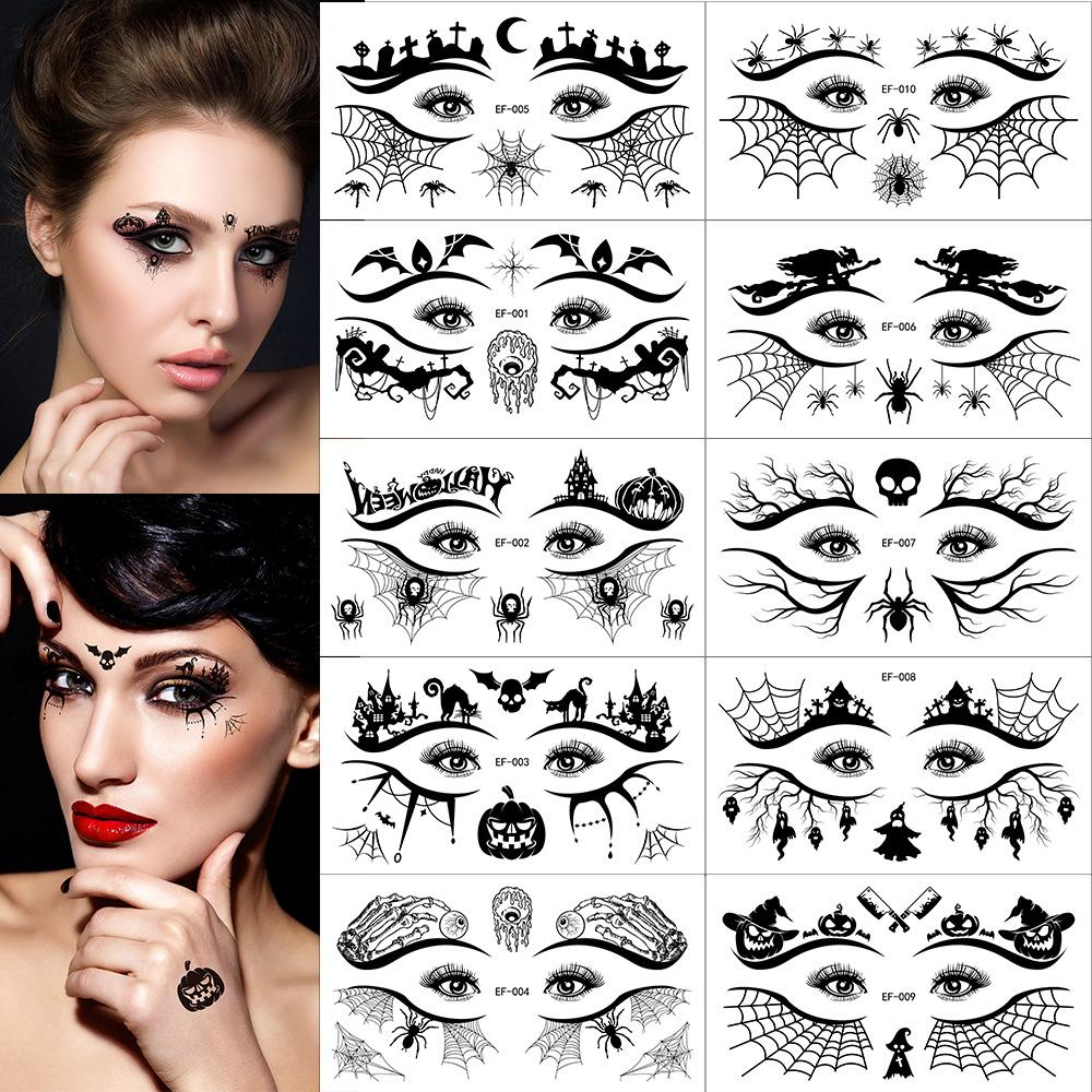 10PCS Halloween Eyes Temporary Tattoo Sticker,Black Spider Web Pumpkin Ghost Black Cat Witch Bat Spider Pattern, Facial Eye Makeup Fake Tattoo Sticker