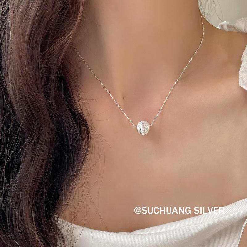 Su Chuang S925 Sterling Silver Laser-Brushed Round Bead Necklace with Cat's Eye Beads - Elegant High-End Clavicle Chain for Women.