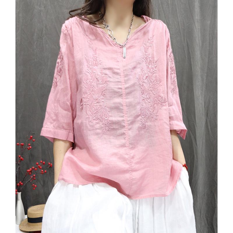 2026 Spring/Summer Retro Embroidered Mid-Sleeve Slimming Pullover Top XL розовый