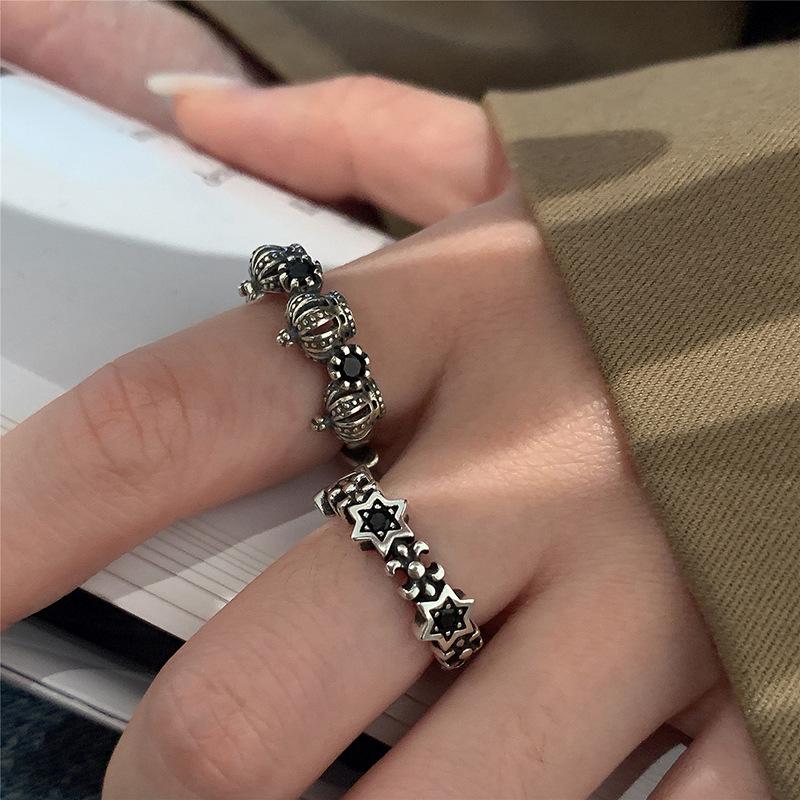 Vintage Retro Zircon Cross Crown Open Ring Female Niche Design Fashion Light Luxury Personality Punk