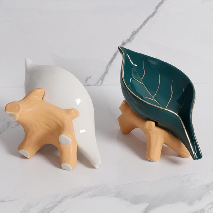 Modern Ceramic Soap Holder NonSlip Base Golden Leaf Pattern Soap Dish Organizers Tray for Bathroom Kitchen Essential