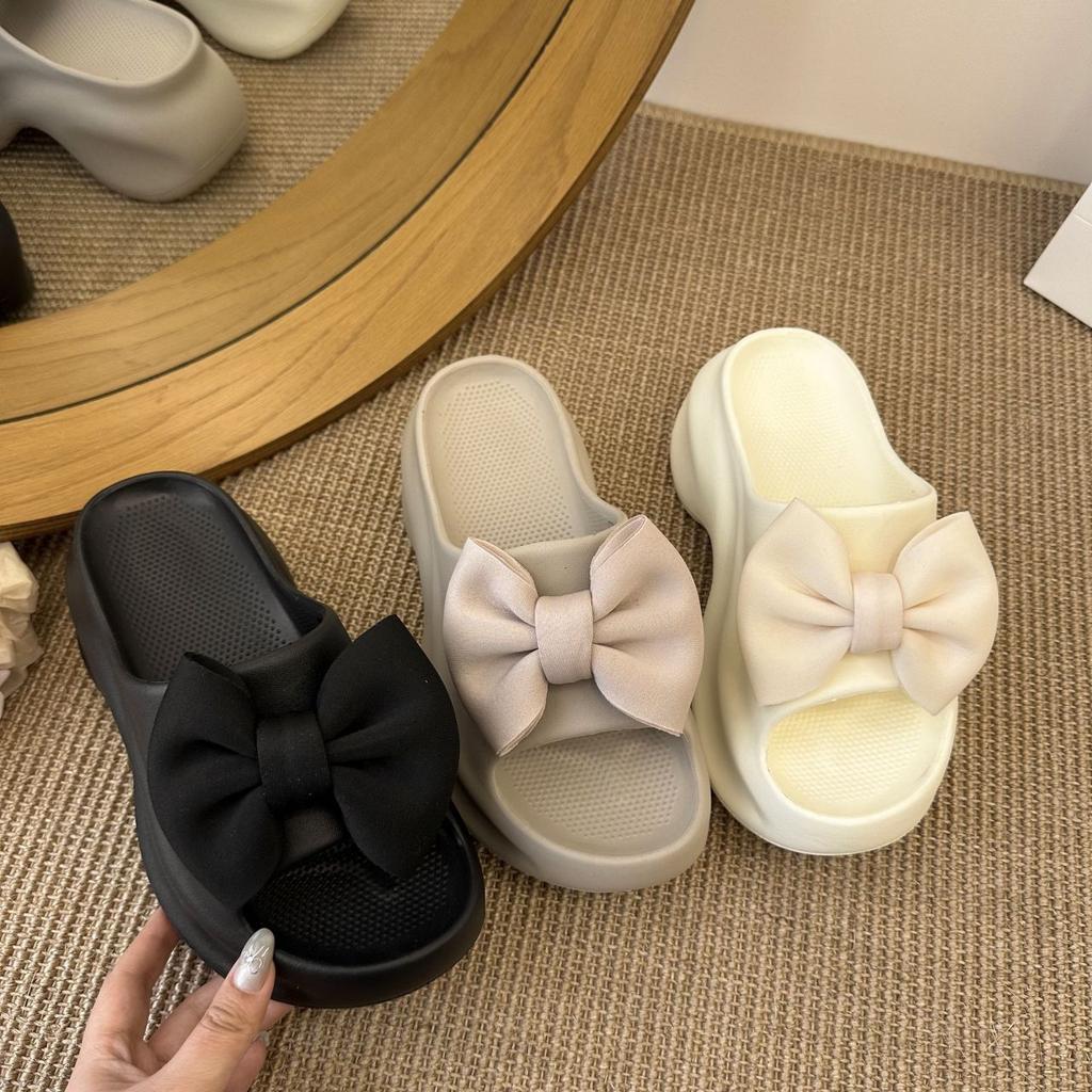 Height-increasing platform casual beach shoes 2025 summer and autumn new French fashion bow one-word slippers women's outer wear