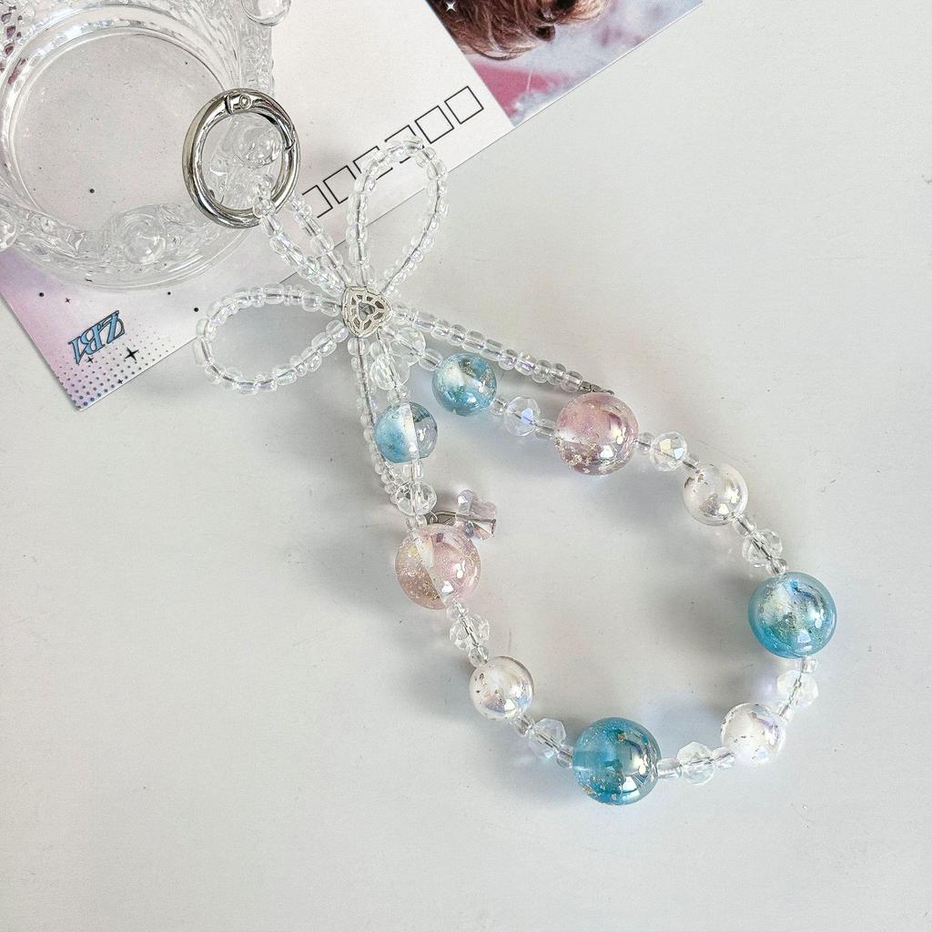 Creative Starry Sky Beaded Phone Charm with Bow and Flower Accents - Anti-Lost Pendant Keychain Lanyard