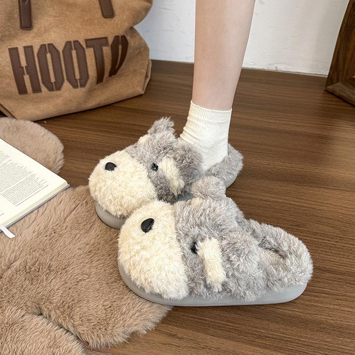 Niedliche gekritzelte Welpen flauschige Hausschuhe Damenbekleidung 2025 Herbst und Winter neu ins Wind vielseitig rutschfest Taschenkopf Hausschuhe
