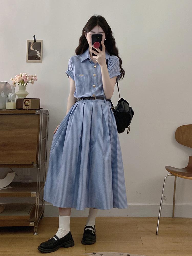 

Women s Plus Size French Retro Striped Short Sleeve A-line Shirt Dress - Slim Waist, 2026 Summer Collection 5XL