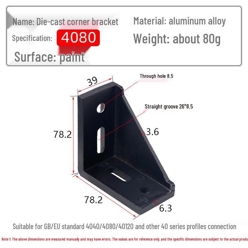 

Die-Cast Aluminum Corner Bracket for Industrial Profiles (2020/3030/4040) - National & European Standards, Black Finish