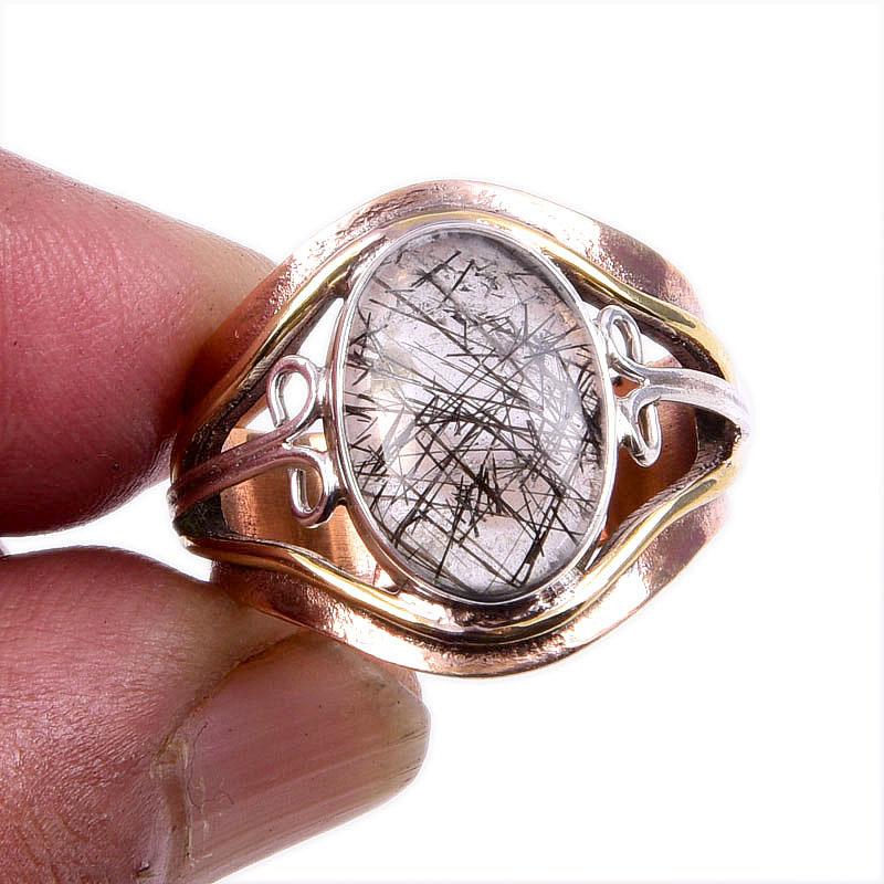 

Natural Black Rutile Gemstone 925 Solid Silver Jewelry Two Tone Ring S.8US Q5I49