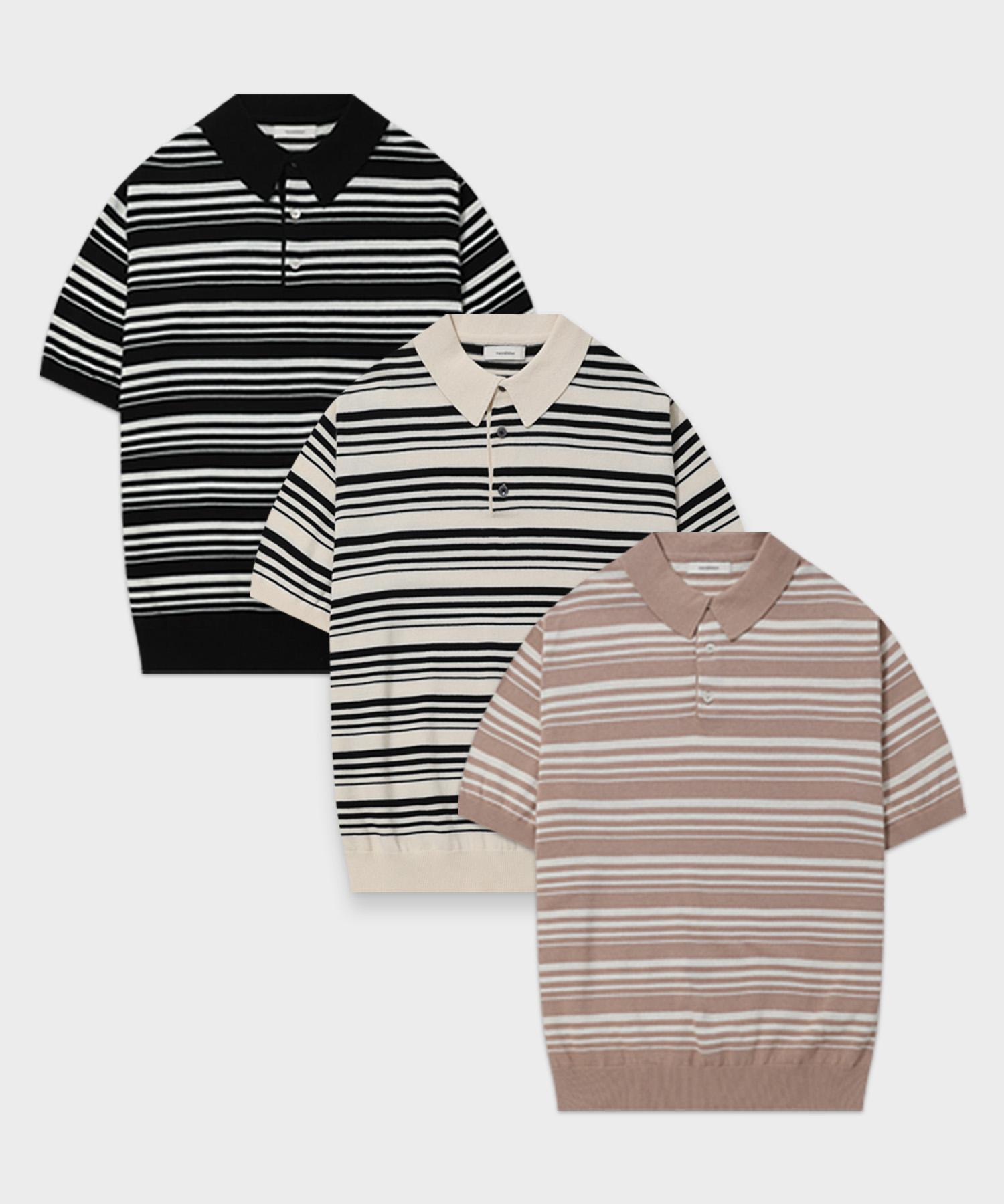 100% Pure Cotton Striped Collared Knit_Green Label - 5 Colors (Type A) Black/Ws (Women)