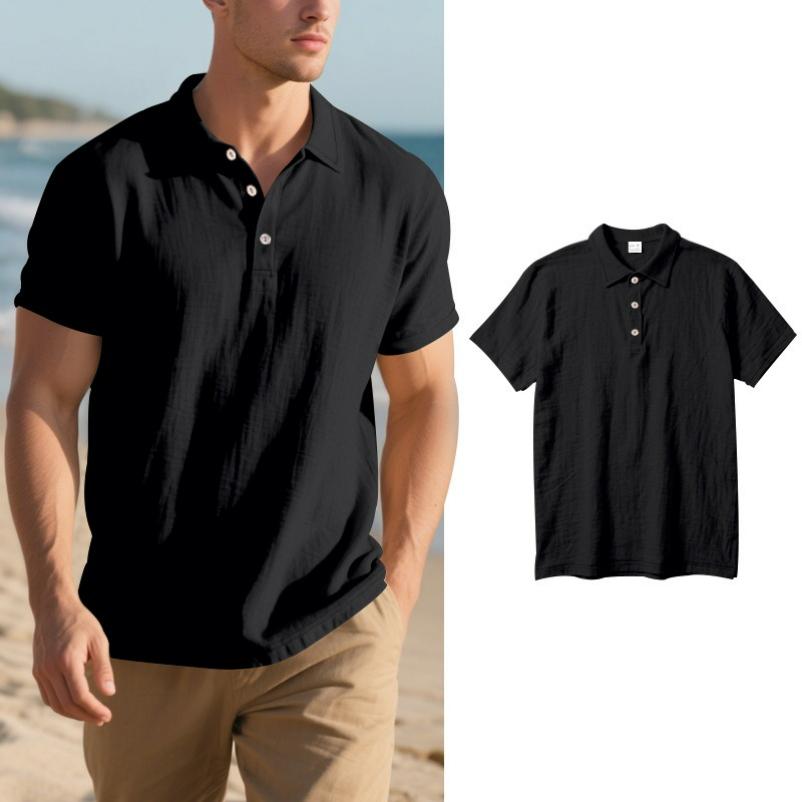 Men s New Style Men s Short-sleeved Linen Loose Casual Lapel POLO Shirt Men s T-shirt XS чёрный