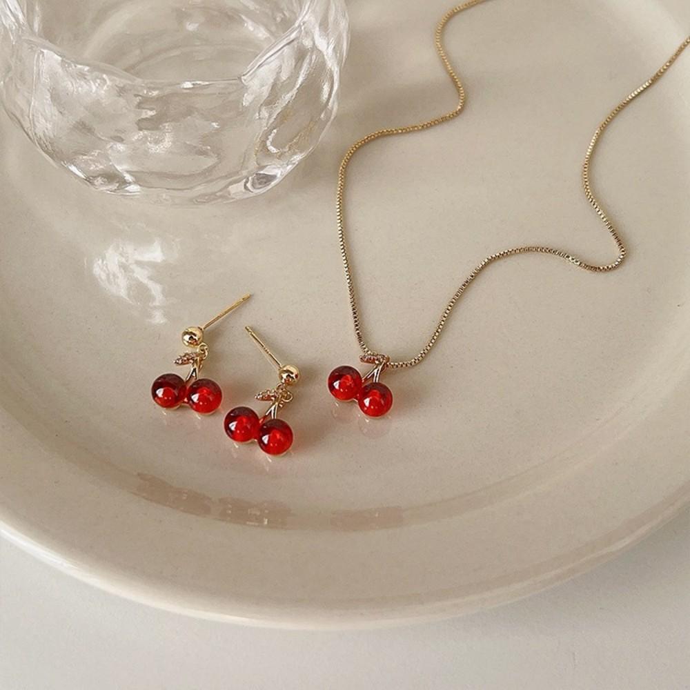 Sweet Red Cherry Jewelry Set Shiny Gold Chain Necklace Dangle Stud Earrings Zircon Women Trendy Fashion Gift