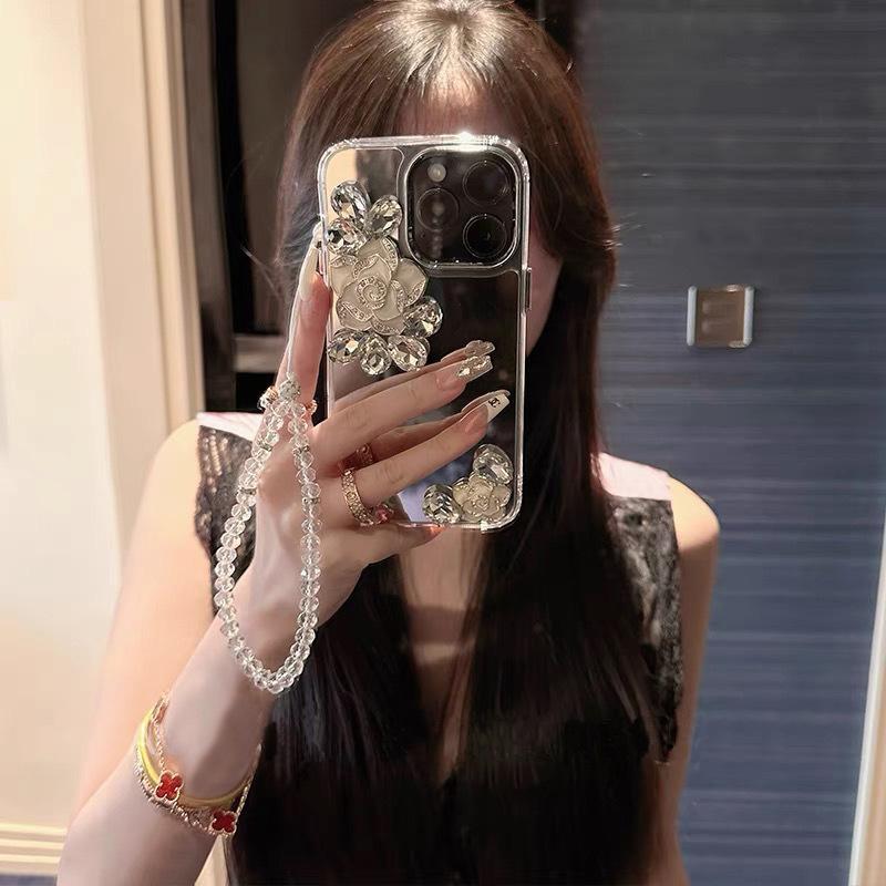 For Apple 17Promax Mirror Phone Case for IPhone16 Rhinestone Flower High-end Ins Style 13 Bracelet