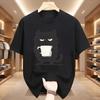 Funny Black Cat Coffee Cup Print T-Shirt Men Women Cotton Tee Cute Cat Lover Streetwear Graphic T Shirts