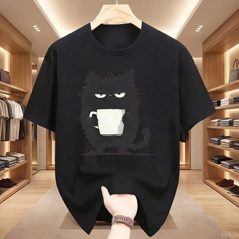 Funny Black Cat Coffee Cup Print T-Shirt Men Women Cotton Tee Cute Cat Lover Streetwear Graphic T Shirts