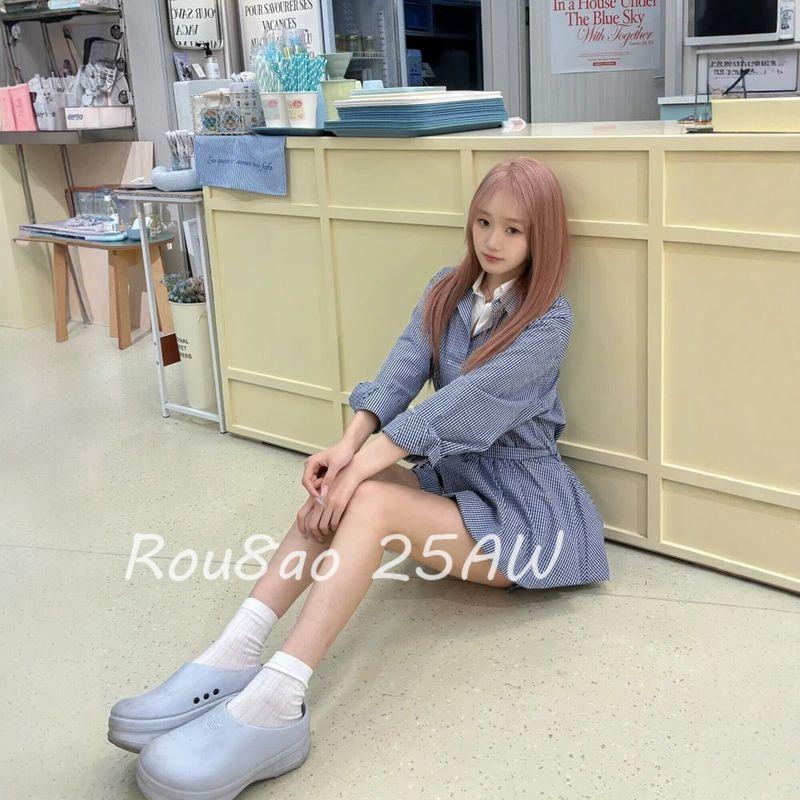 

Rou8Ao Plus Size Women s Fashion Fake Two-Piece Striped Shirt Dress 2026 Spring Tie-Waist A-Line Dress Navy Blue Plaid M