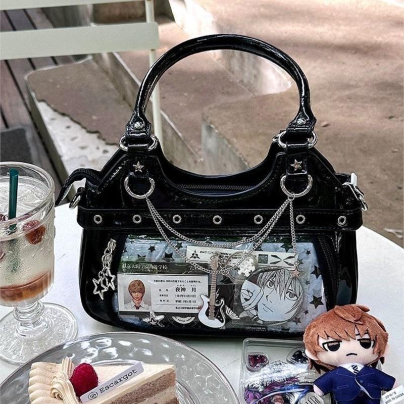 JIAERDI Harajuku Star Ita Bag Women Double Strap Adjustable Clear Leather Tote Purse Subculture Daily Versatile Shoulder Bag Y2K