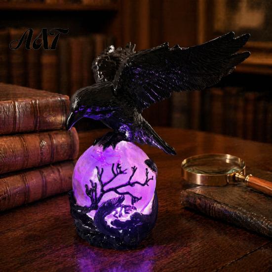 Hand Painted Sculpture Gothic Raven LED Ball Lamp, Mysterious Crow On Orb Sculpture, Whimsical Room Lighting Halloween Decorative Table Lamp