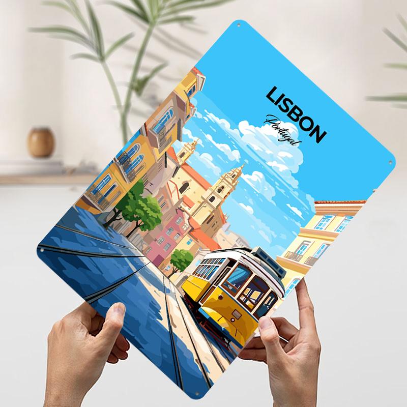 Lisbon Portugal Tram Printed Poster Customized Wall Art Retro Vintage Metal Tin Signs for Room Decoration Home Decor Items House
