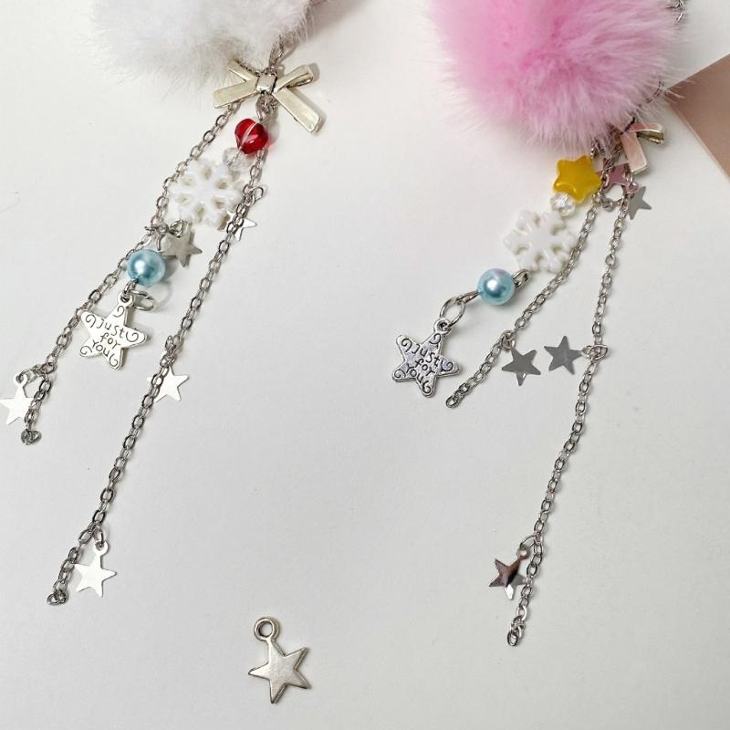 Fuzzy Balls Snowflake Star Bead Cellphone Strap Christmas Phone Lanyard Colorful Beaded Bag Charm Holiday Accessory