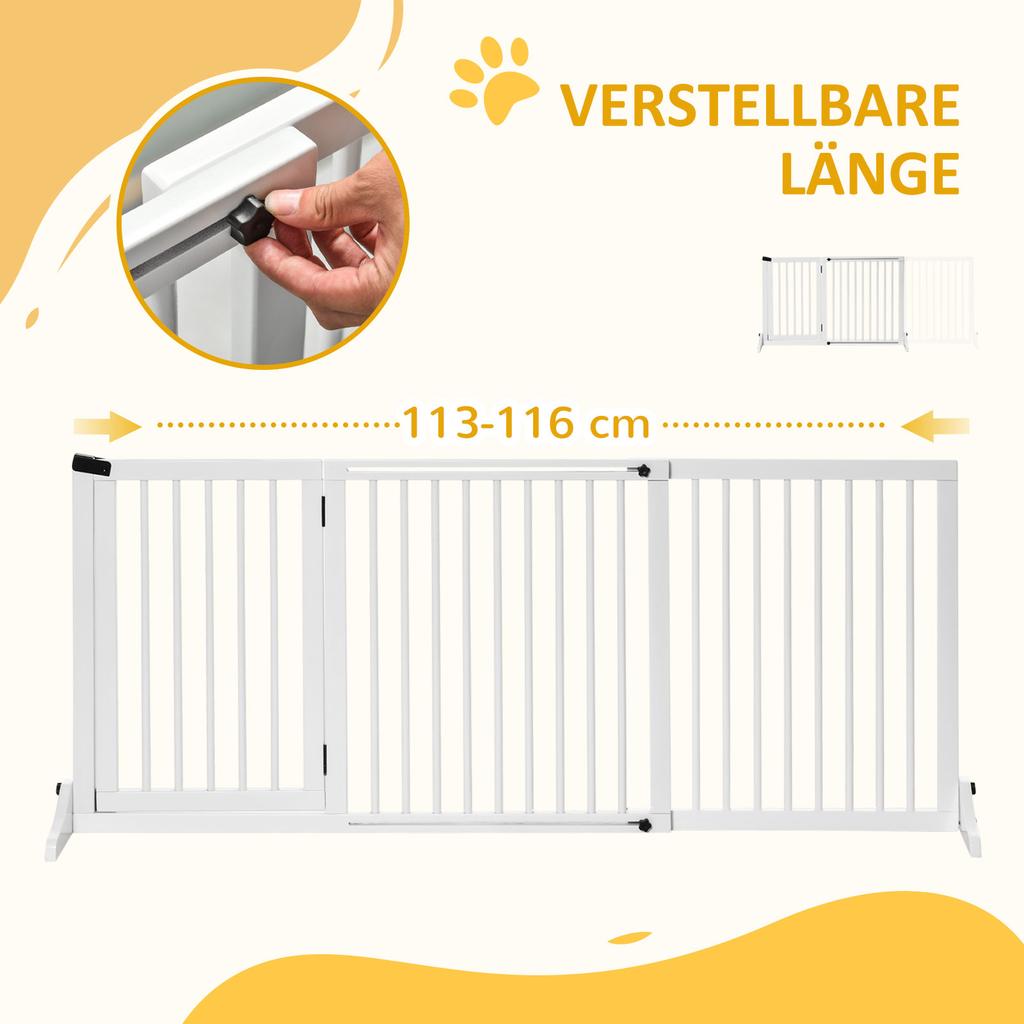 Wooden Dog Gate, Dog Fence Indoor, Freestanding Dog Barrier, Adjustable Lockable Fence with 3 Panels, 71H X 113-166W Cm, White