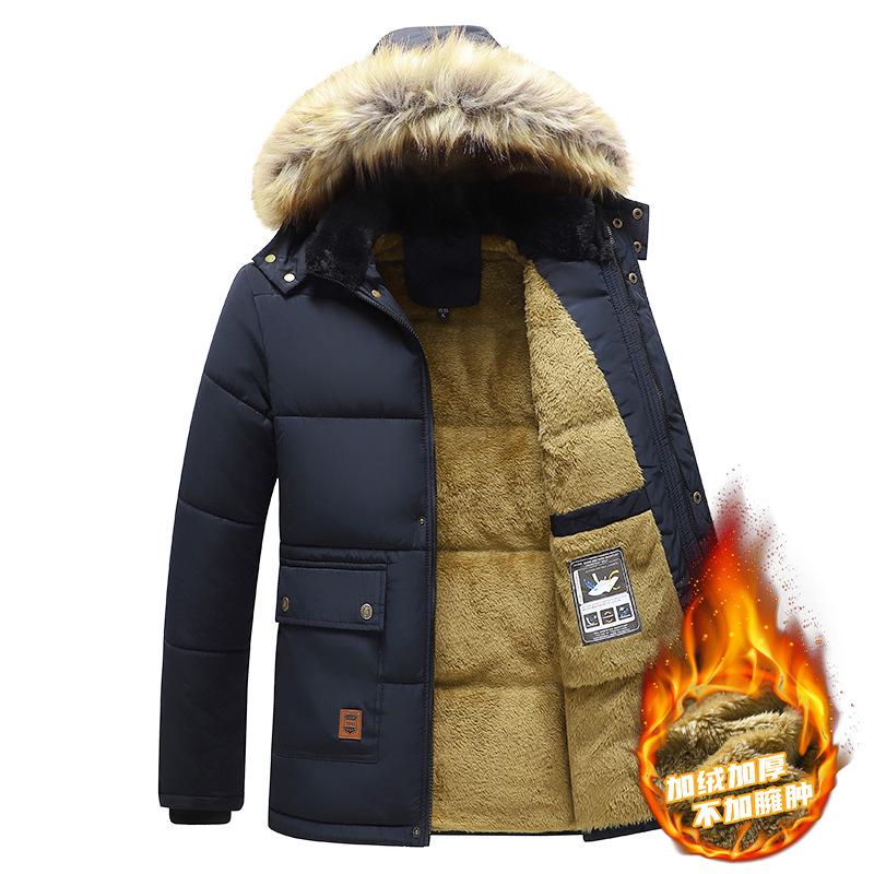 

Men s Winter Cotton-Padded Jacket with Fleece: Mid-Length, Thickened Design for Middle-Aged and Elderly Extra Large синій