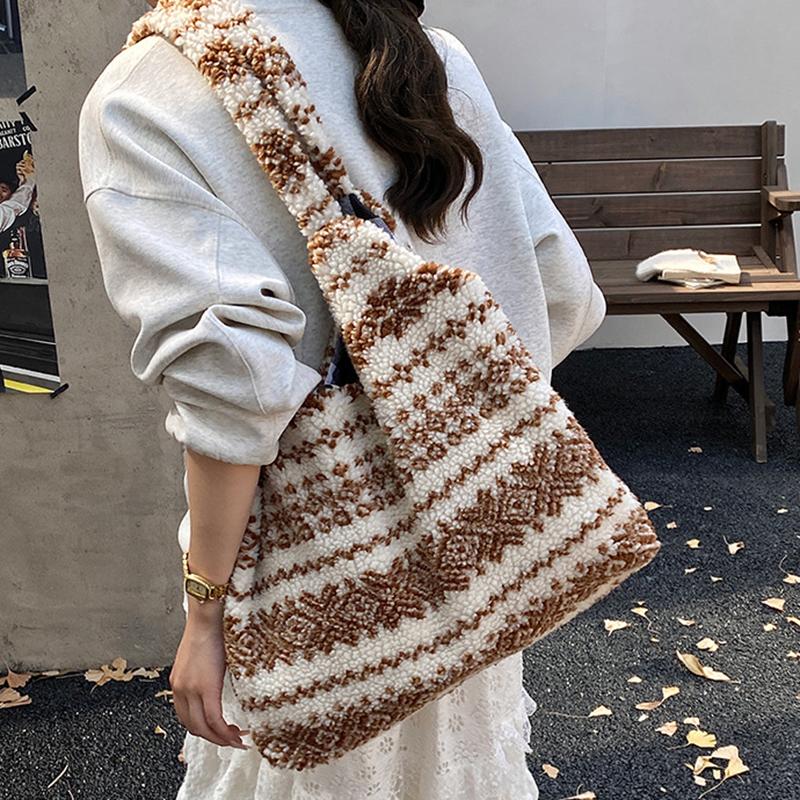 Women's Striped Plush Shopper Tote Bag Lightweight Large Capacity Ethnic Style Shoulder Bag Fluffy Casual Winter Underarm Bags