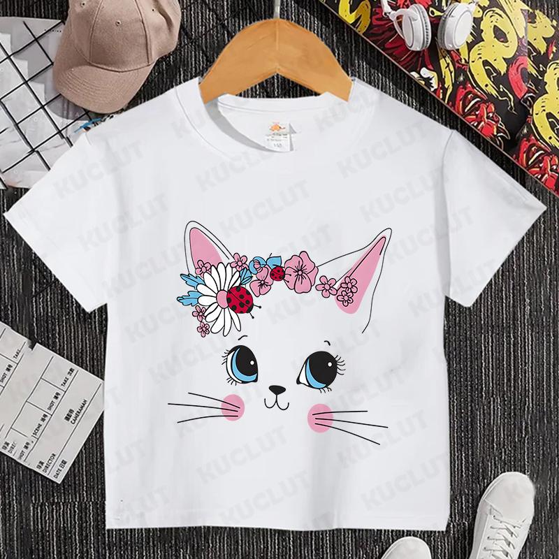 Kids T Shirt Flower Cat Graphic Anime Shirt Summer Girls Floral Kitty Tops Short Sleeve Tee Cute Animal Cartoon Cat White Tshirt