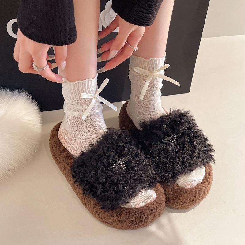 Fashion Curly Wool Slippers Women Lambs Fur Shoes Thicken Soled Platform Slides Ladies Woolen Pantufa Shearling Loafers Furry Shoes