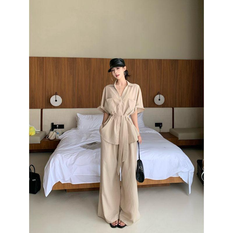Kumikumi Fashion White Suit Short Sleeve Shirt Women Fall High Waist Slim Looking All-Matching Casual Trousers Two-piece Set