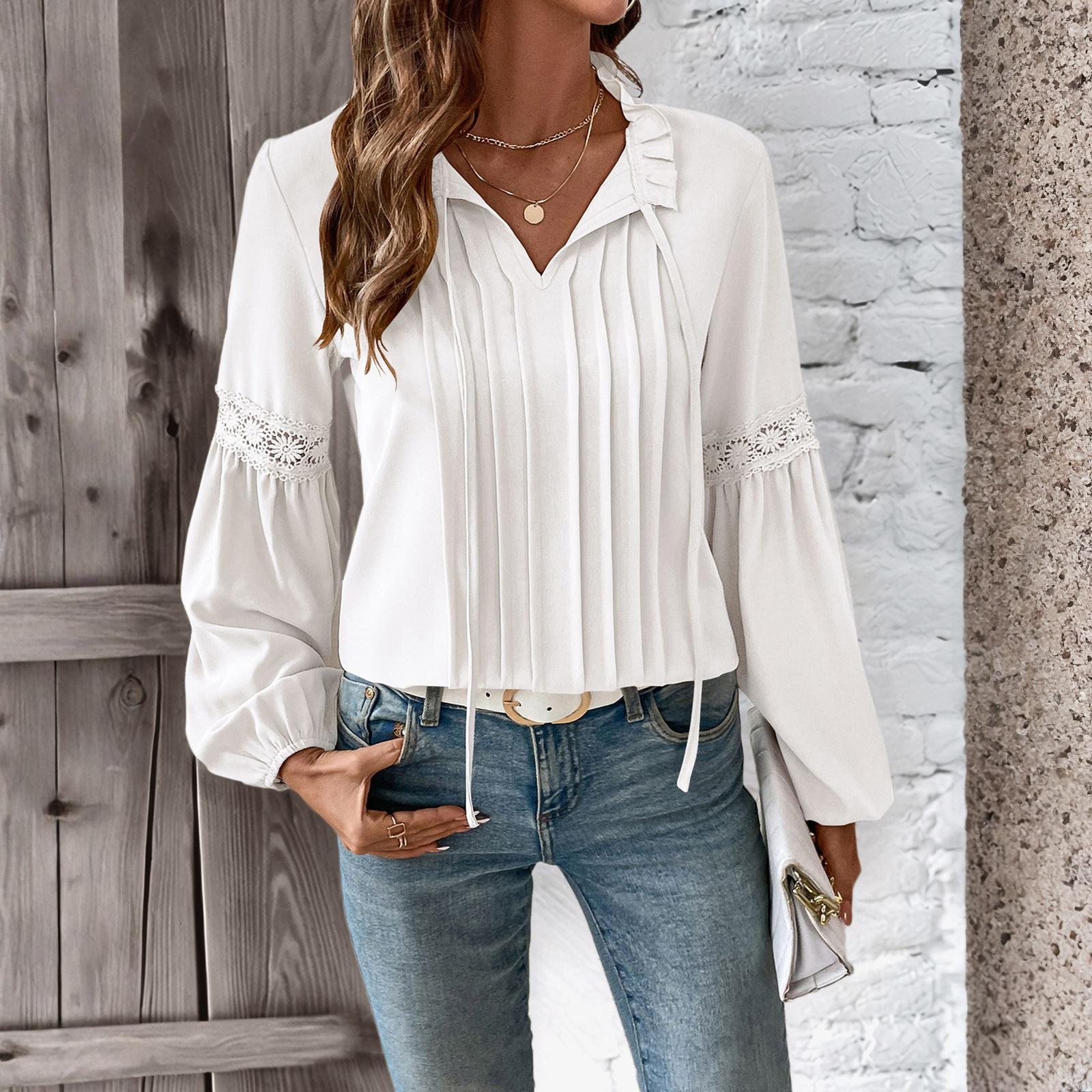 

Женская модная повседневная кружевная рубашка с V-образным вырезом, однотонная, с длинным рукавом, плиссированная, женская футболка-топ S