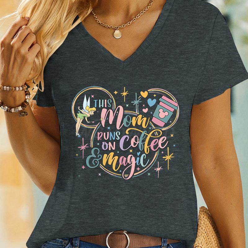 Coffee Lover Gift Tshirt This Mom Runs on Coffee and Magic Graphic T Shirts Women Mouse Ears Cute Coffee Mom Vneck Casual Tops