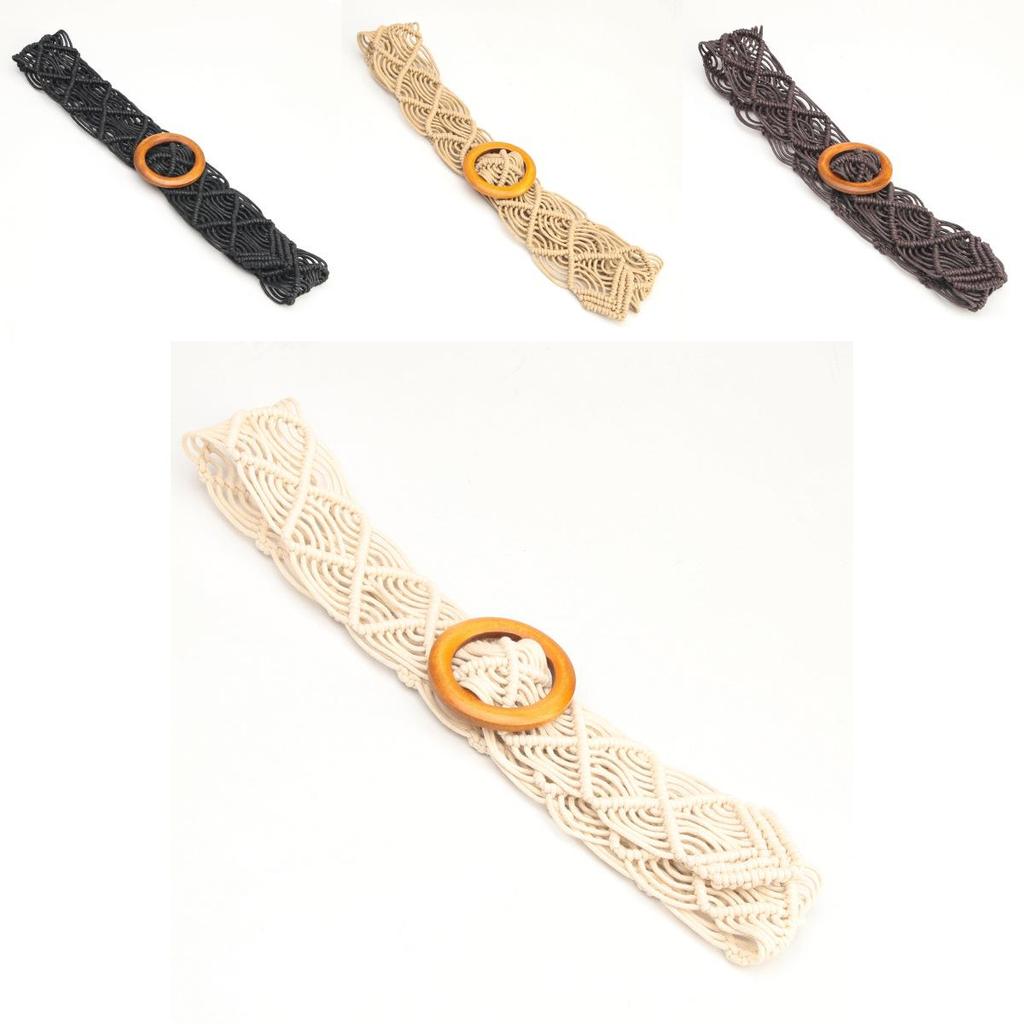 Vintage Boho Woven Waist Belt With Wooden Clasp For Women Casual And Festival Wear