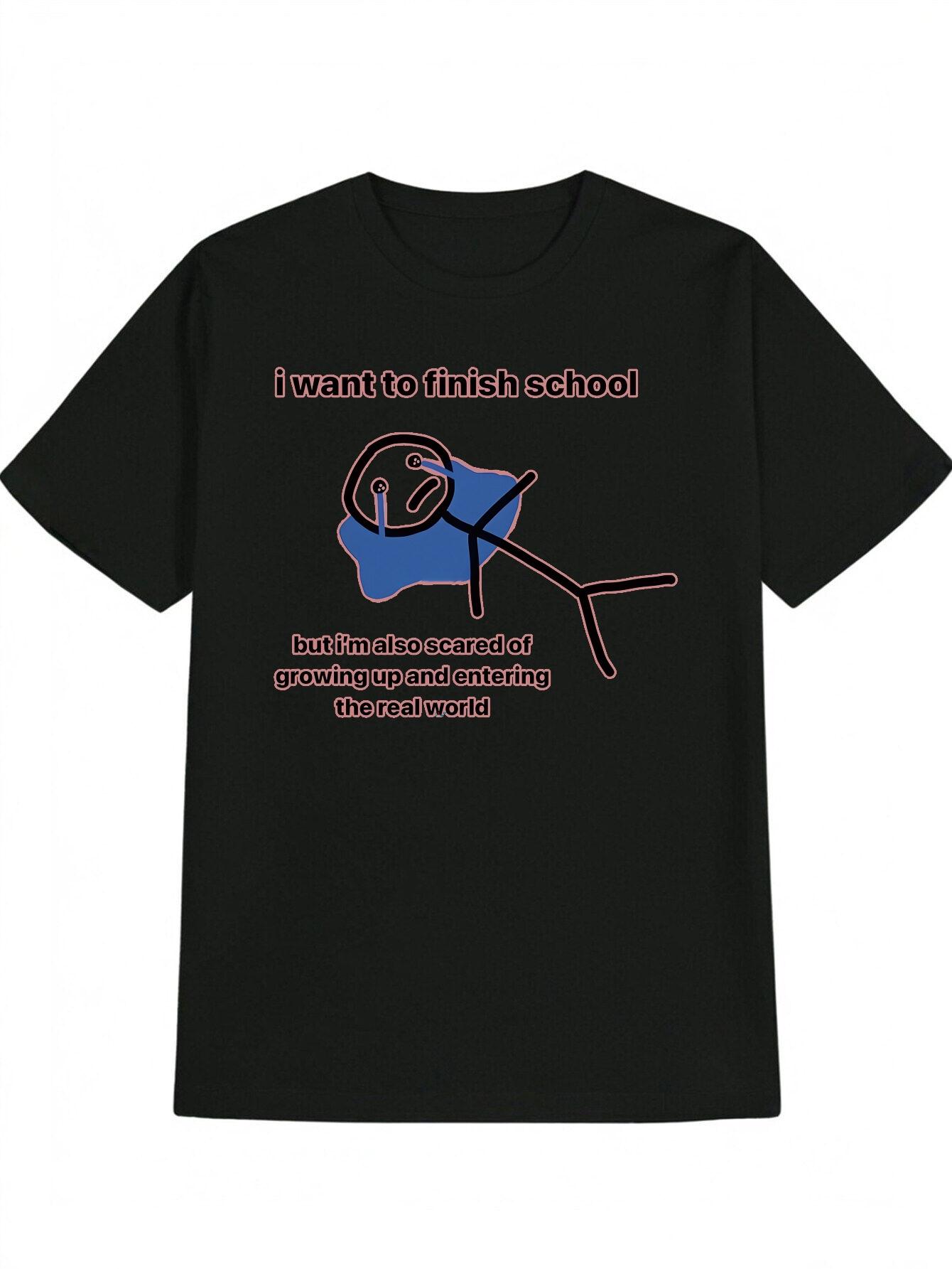 Casual Graphic T-shirt with Graduation Humor Design - Black with Pink Text & Blue Cartoon Print XXXXL