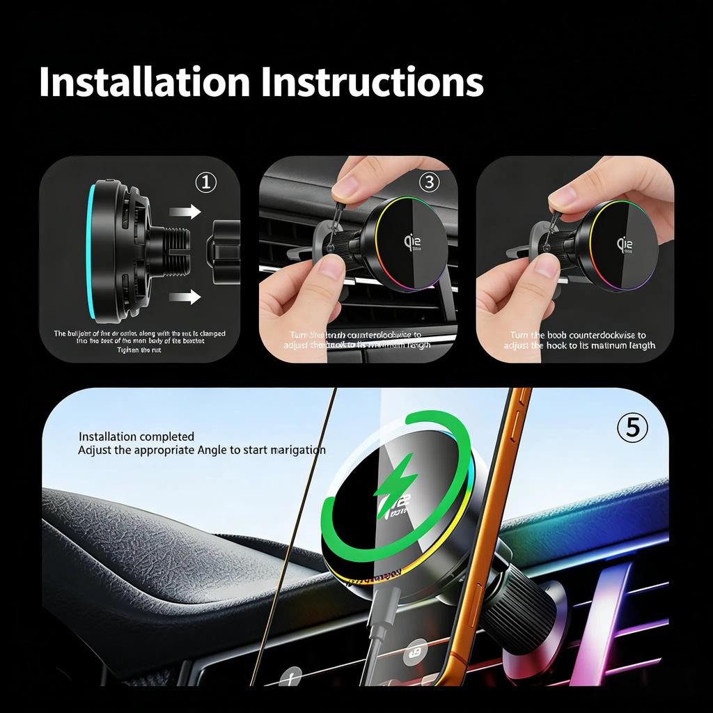 25W Magnetic Wireless Car Charger Stand Air Cooling RGB Light Phone Holder For Magsafe iPhone 17 16 15 14 13 12 Fast Charging