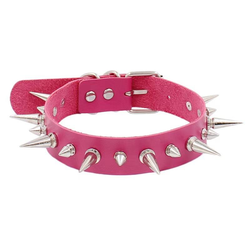 Long Spike Choker Punk Faux Leather Collar  Goth Style Necklace Accessories