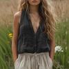 Women Summer Shirt Stand Collar V-Neck Sleeveless Buttons Placket Shirt Tops Solid Color Casual Shirt