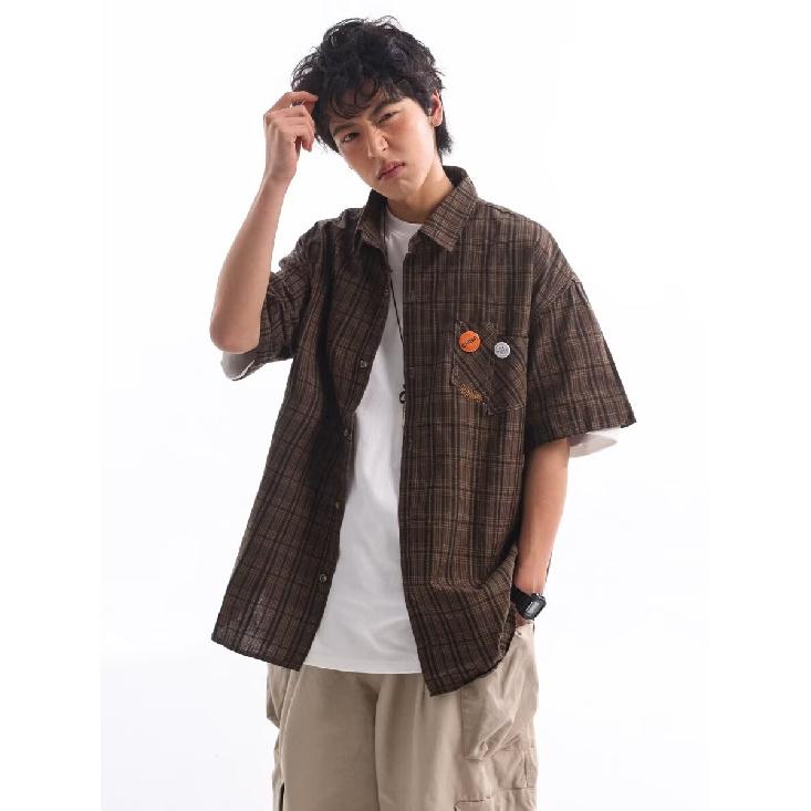 Checkered Striped Summer Thin Collar Short Sleeved Shirt Casual Loose Men'S And Women'S Five Quarter Sleeve Trendy Brand Shirt