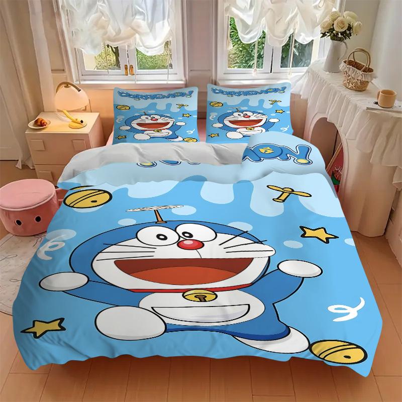 Doraemon'S Joyful Adventure Print 3Pcs Bedding Setduvet Cover With 2 Bedropillowcase Home Birthday Gift
