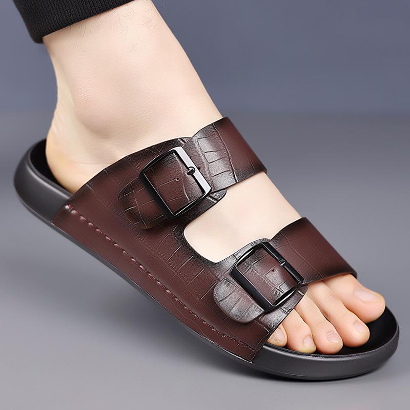 Fashion Summer Men Thick Bottom Slippers Leather High-quality Comfort Home Beach Vacation Slippers Casual Outdoor Breathable Beach Shoes