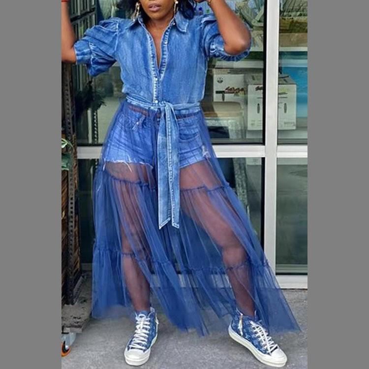 Nouveau cardigan robe pour femme grande taille européen et américain robe longue tempérament navetteur jupe en maille splicing denim bleu