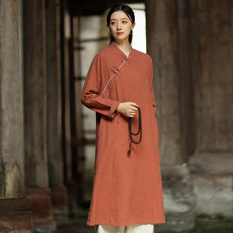 

Johnature Women Vintage Dresses V-Neck Long Sleeve Chinese Style Autumn New A-Line Soft Dresses One Size помаранчевий