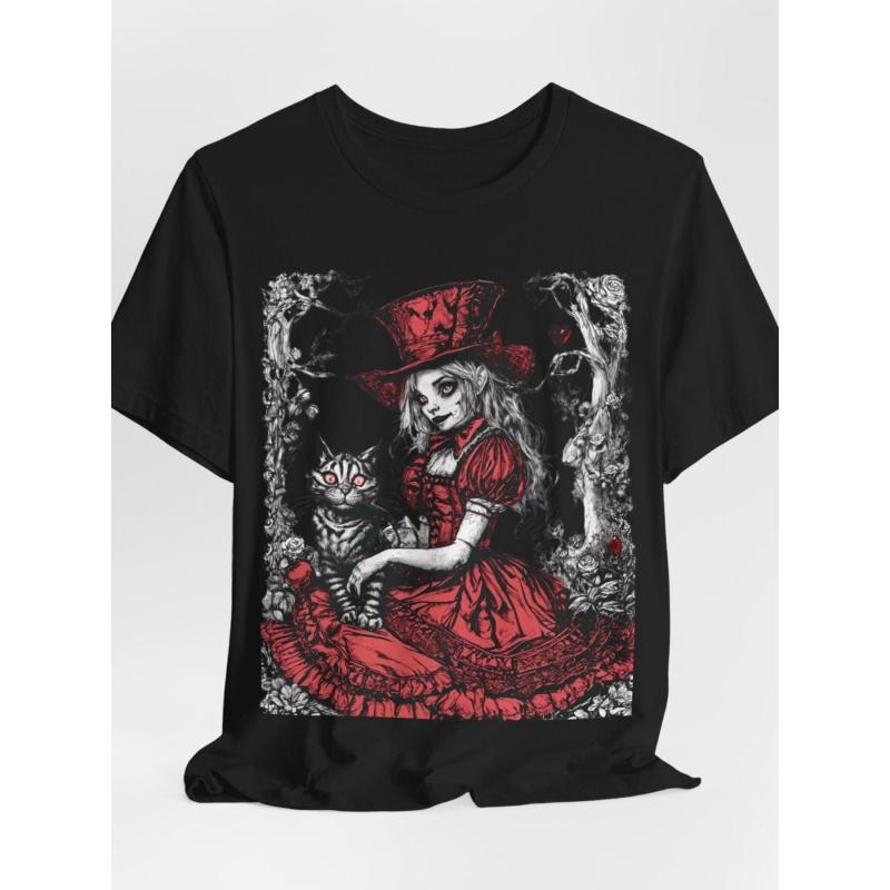 Scarlet Alice Gothic Wonderland | Cute Horror Vintage Fairytale Striped Tee Red Alice Witchy Unisex 100 T-Shirt | Comfortable Streetwear Soft