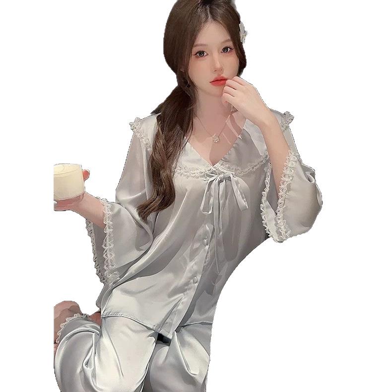 Women's Chiffon Pajama Set - Sweet Spring & Autumn Style, Doll Collar, Long Sleeves & Pants, Elegant & Lightweight Homewear