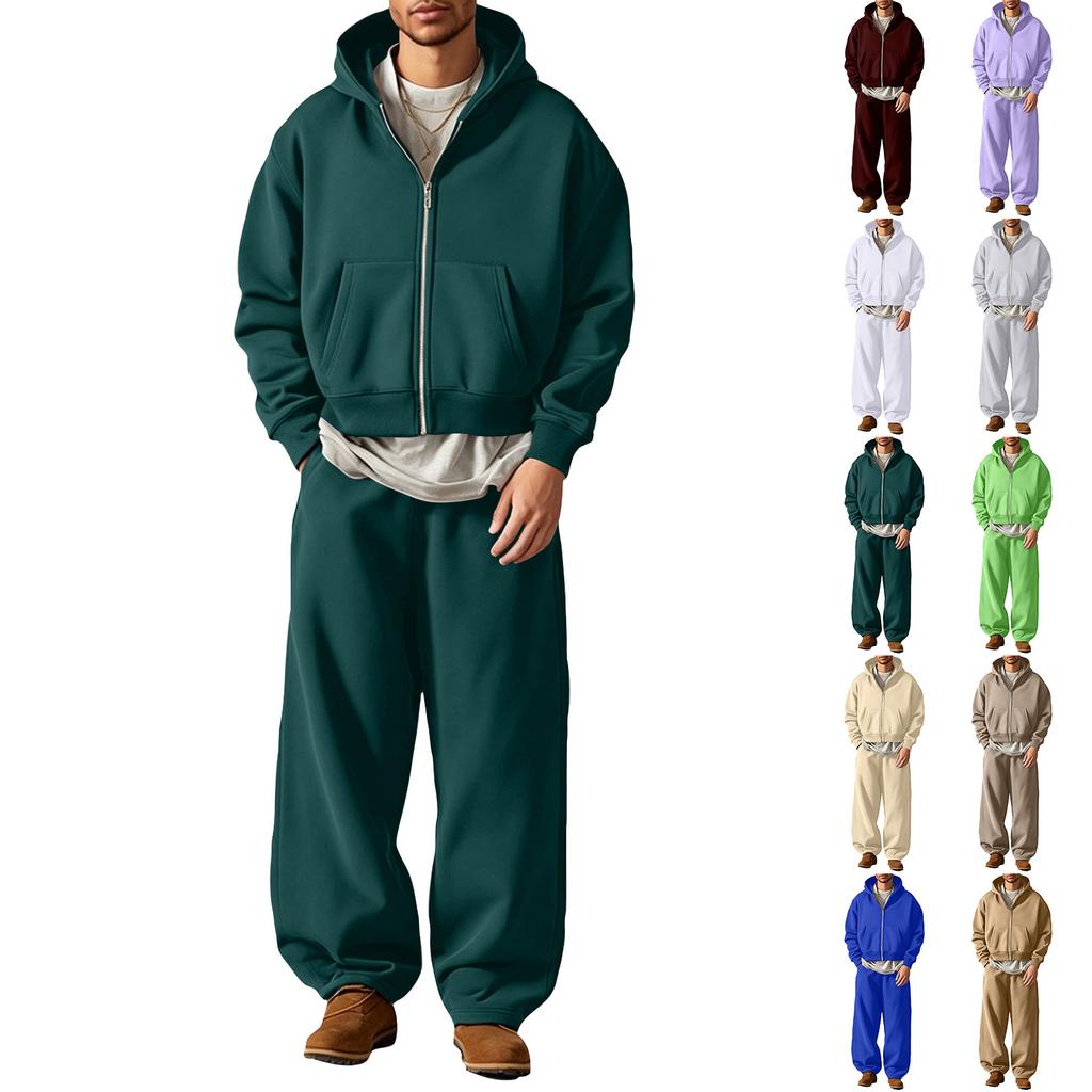 Winter Hooded Zip-Up Sweatshirt and Sweatpants Set Matching Tracksuit for Women and Men